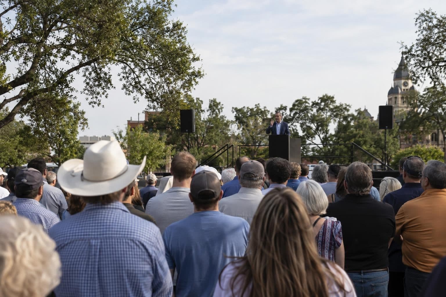 A speaker addresses attendees at a political campaign gathering in Denton, Texas.