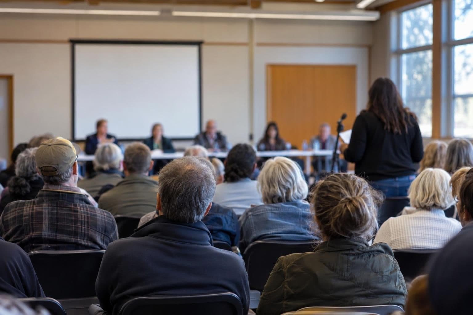 People attend a public-comment meeting, illustrating participation in permit decisions.