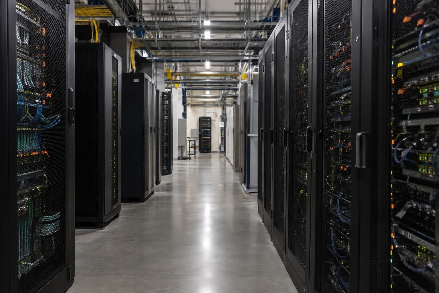 Rows of server racks inside a data center illustrate electricity demand from computing facilities.