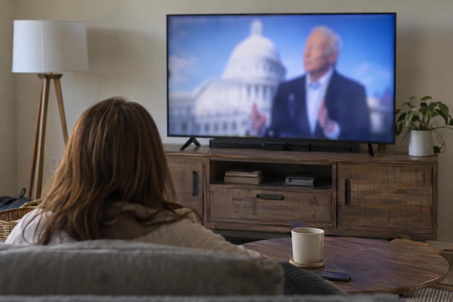 An indistinct Senate campaign advertisement appears on a screen with no readable text.