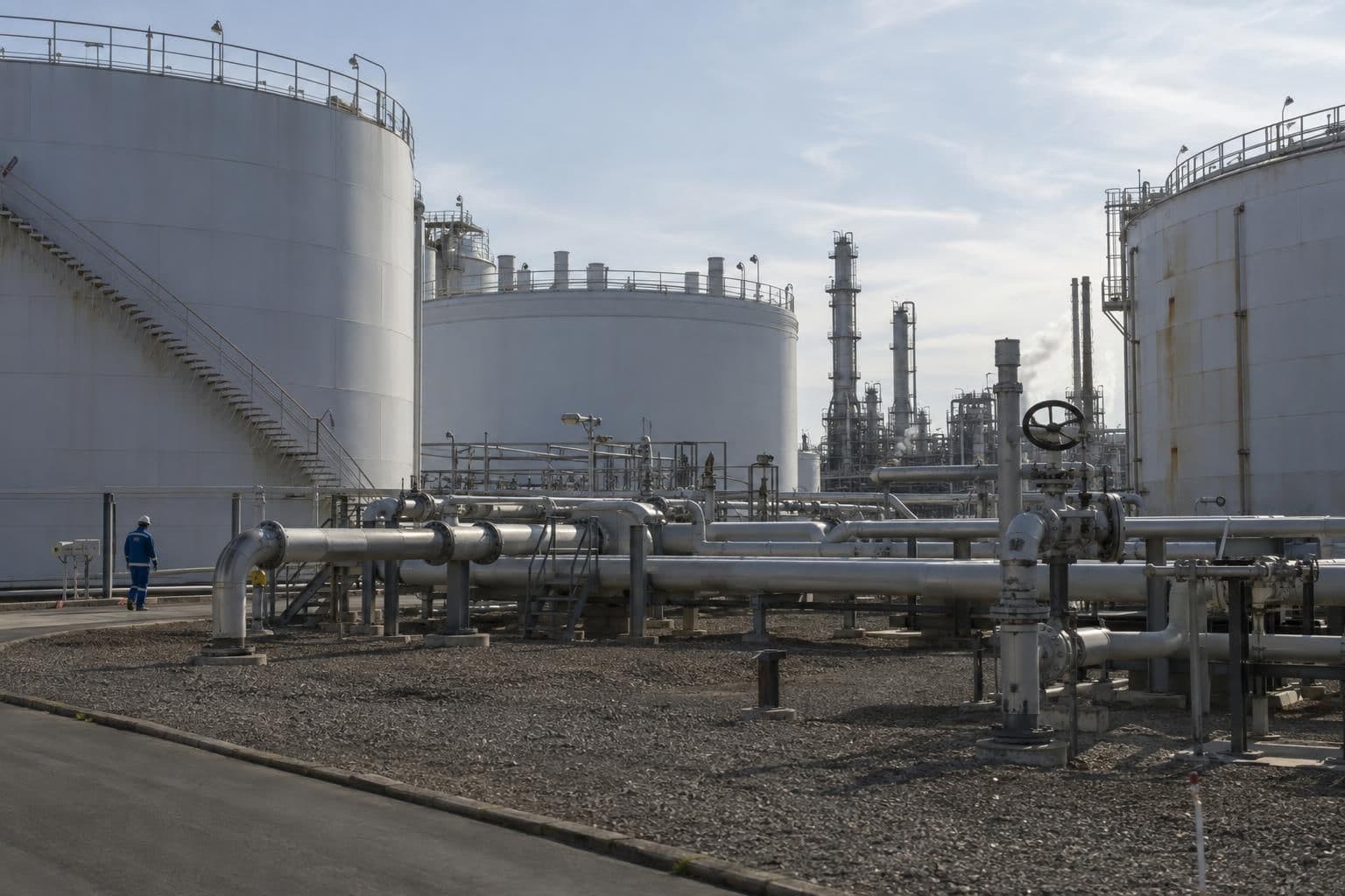 Oil storage tanks and pipes at an industrial fuel terminal.