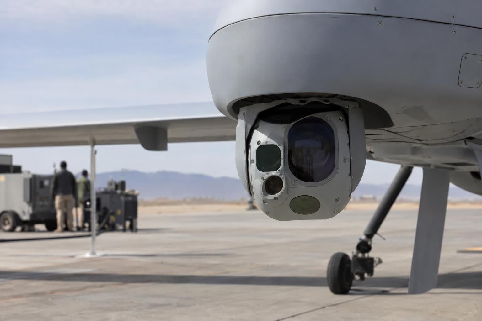 A camera unit is attached to an unmarked military drone.