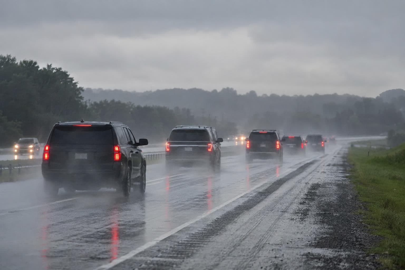 A motorcade travels along a road in bad weather.