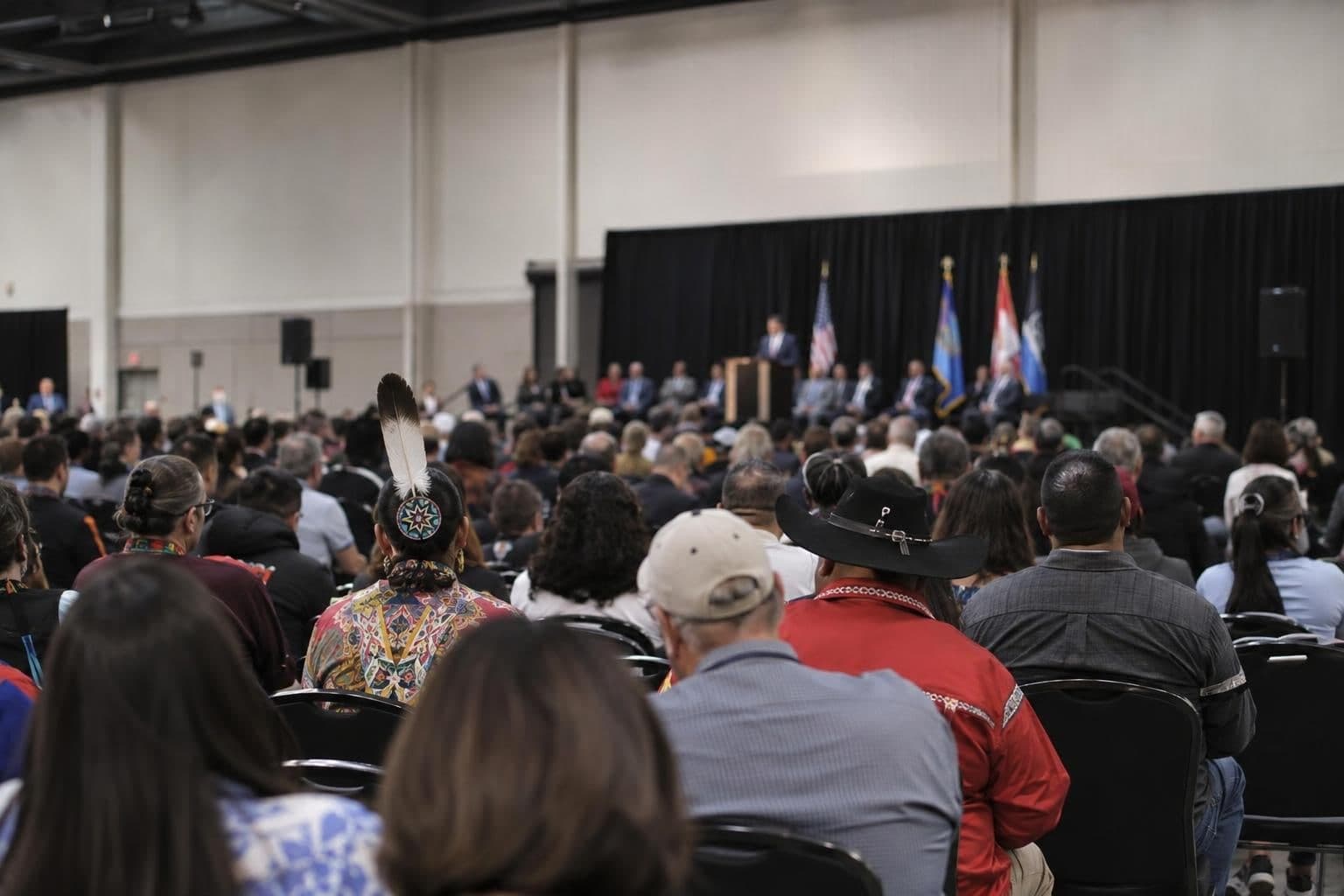 Attendees gather inside the Choctaw Event Center for a midterm campaign rally.