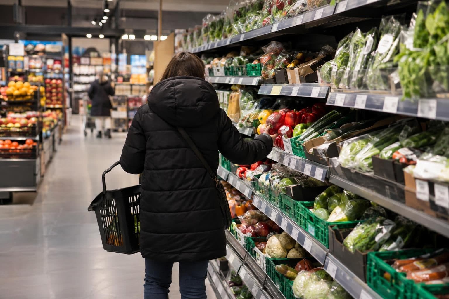 A shopper selects groceries in a supermarket aisle.
