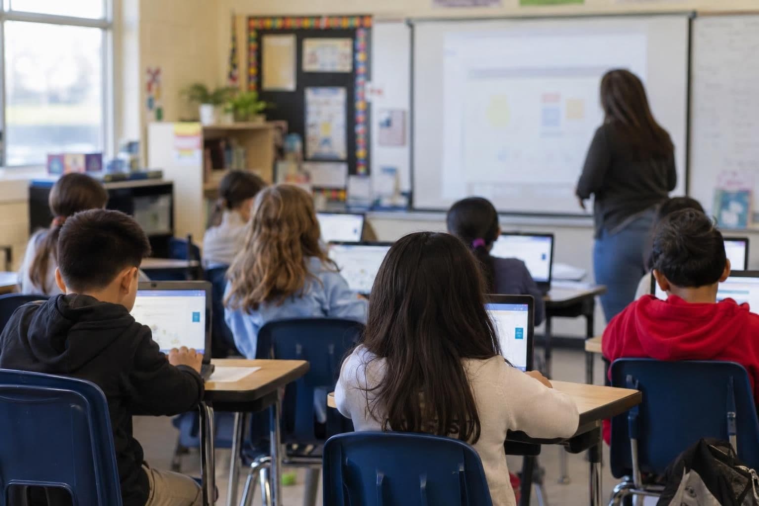 Students work on laptops in a public-school classroom.