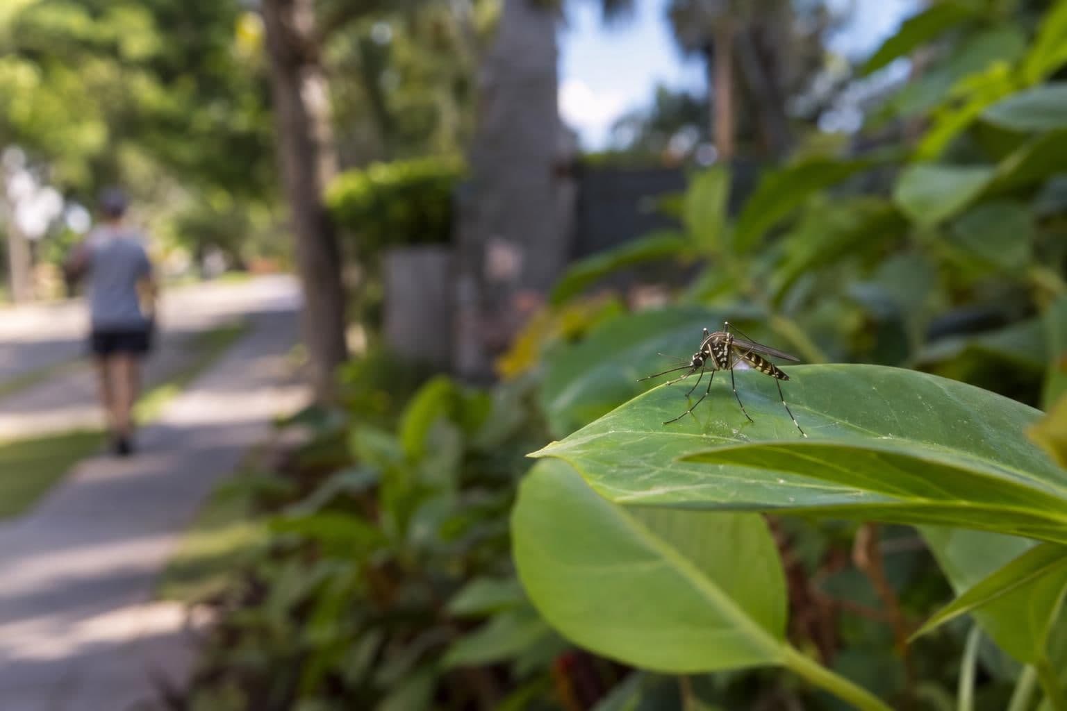 A mosquito rests on green foliage