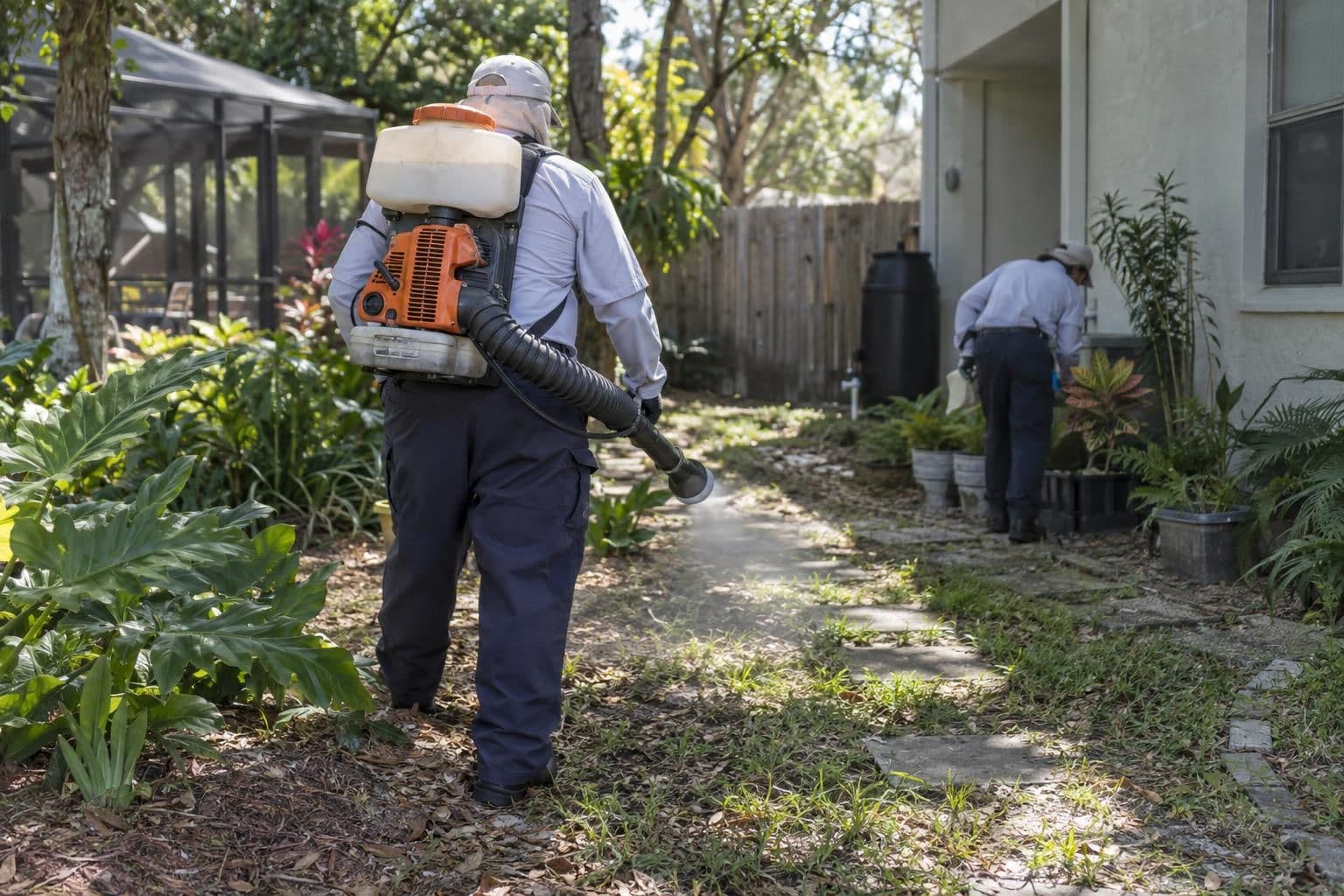 Mosquito-control workers spray and inspect standing-water containers at a Tampa-area property.