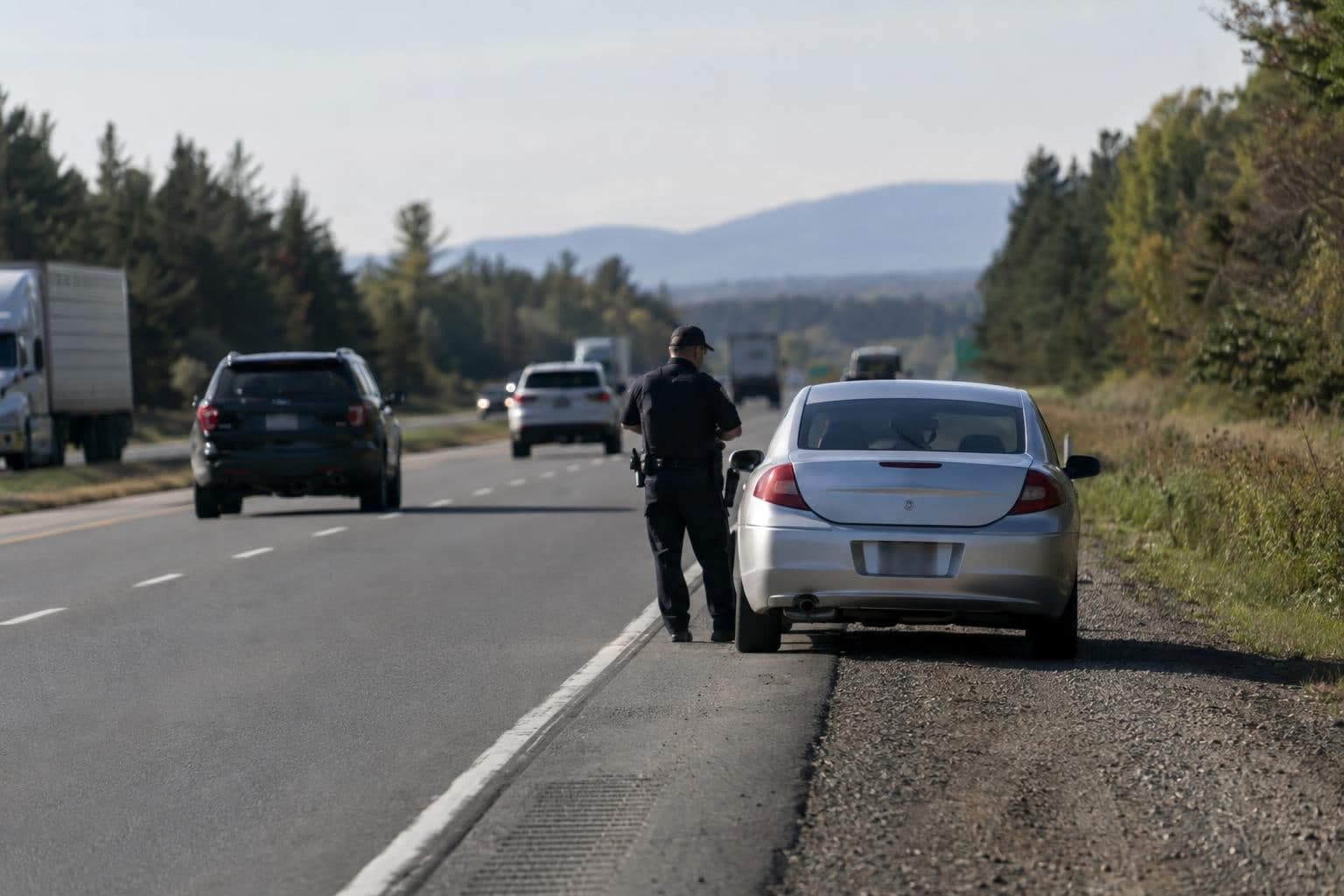 A car is pulled over beside a highway as an officer stands nearby.