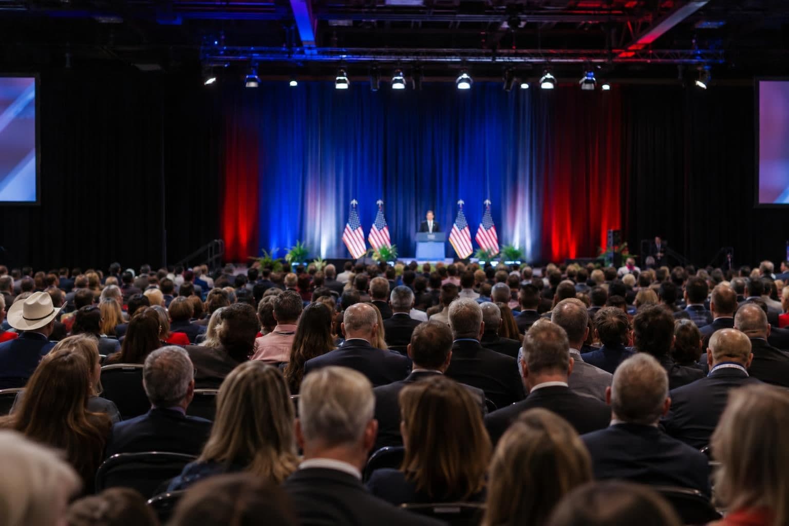 An audience faces the stage at an indoor political convention.