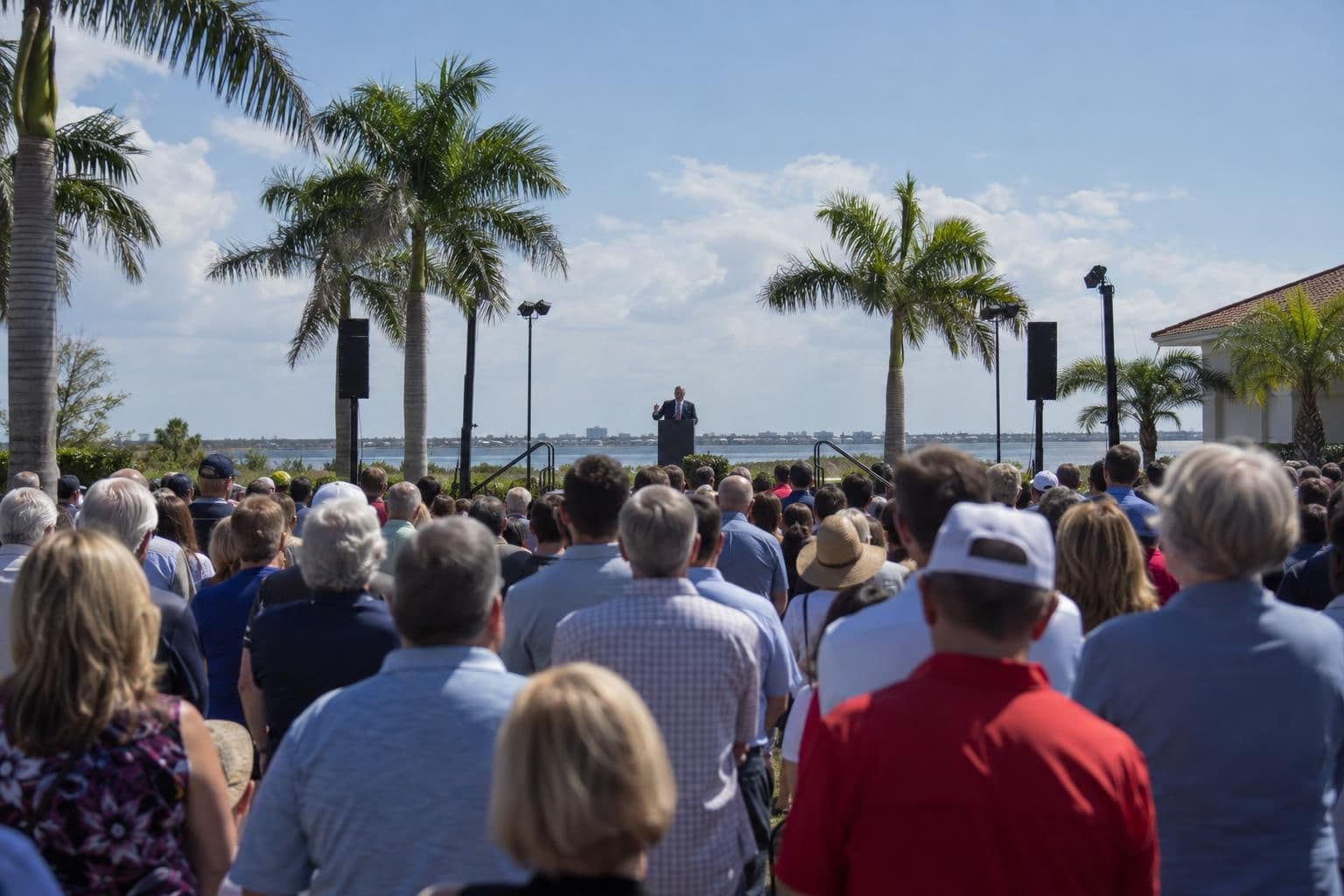 A distant speaker addresses attendees at a political campaign appearance in Florida.