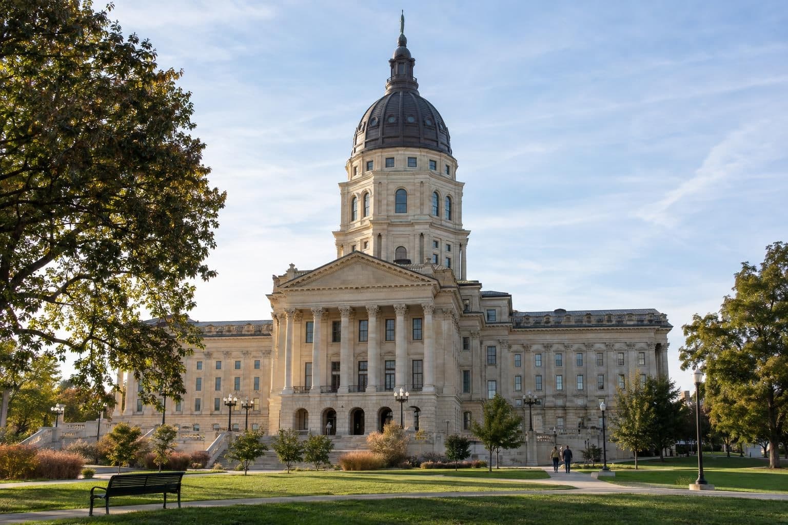 A Kansas government building offers a neutral backdrop for Senate race coverage.