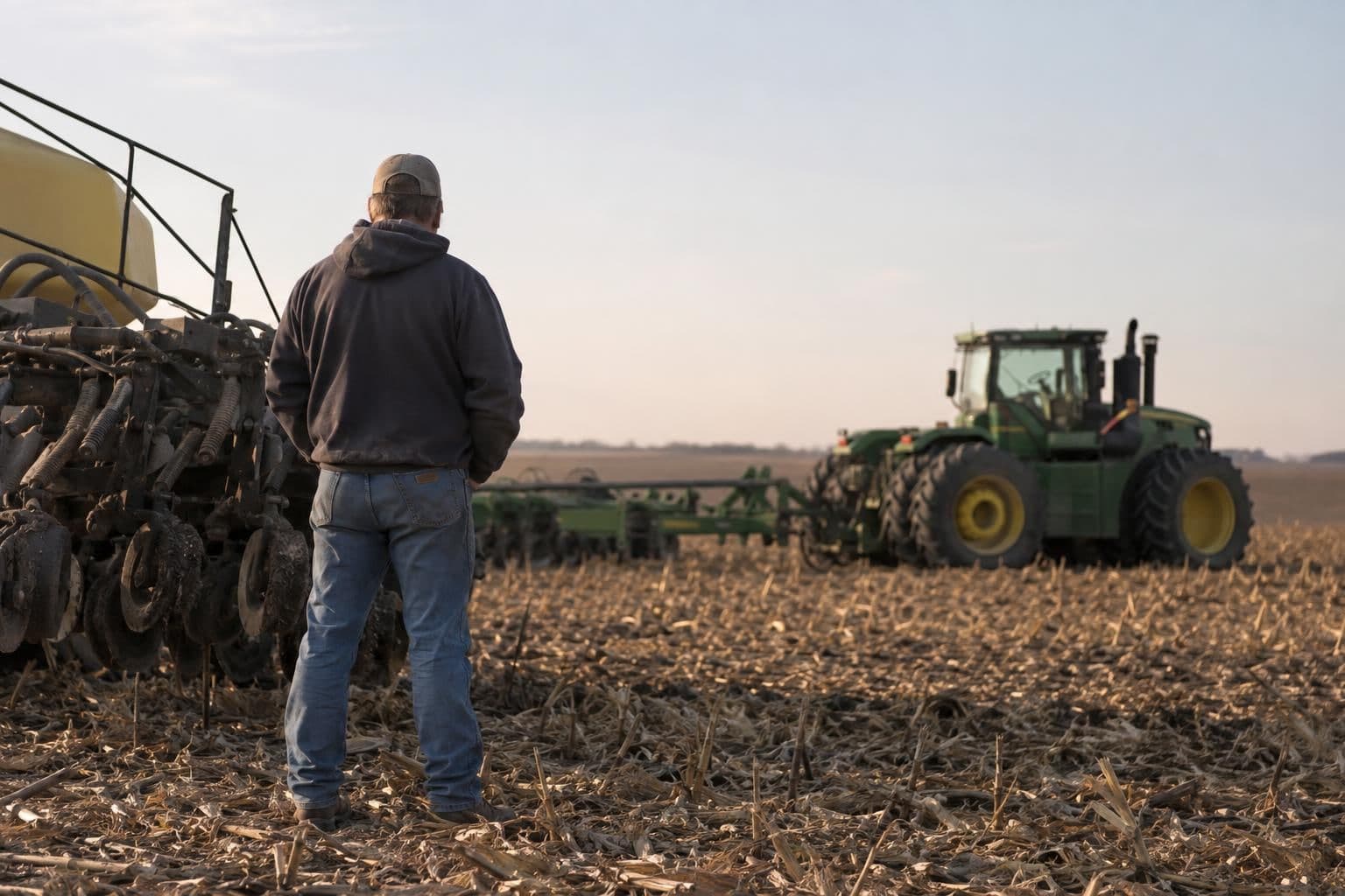 An anonymous farmer stands beside a tractor in a Kansas field.