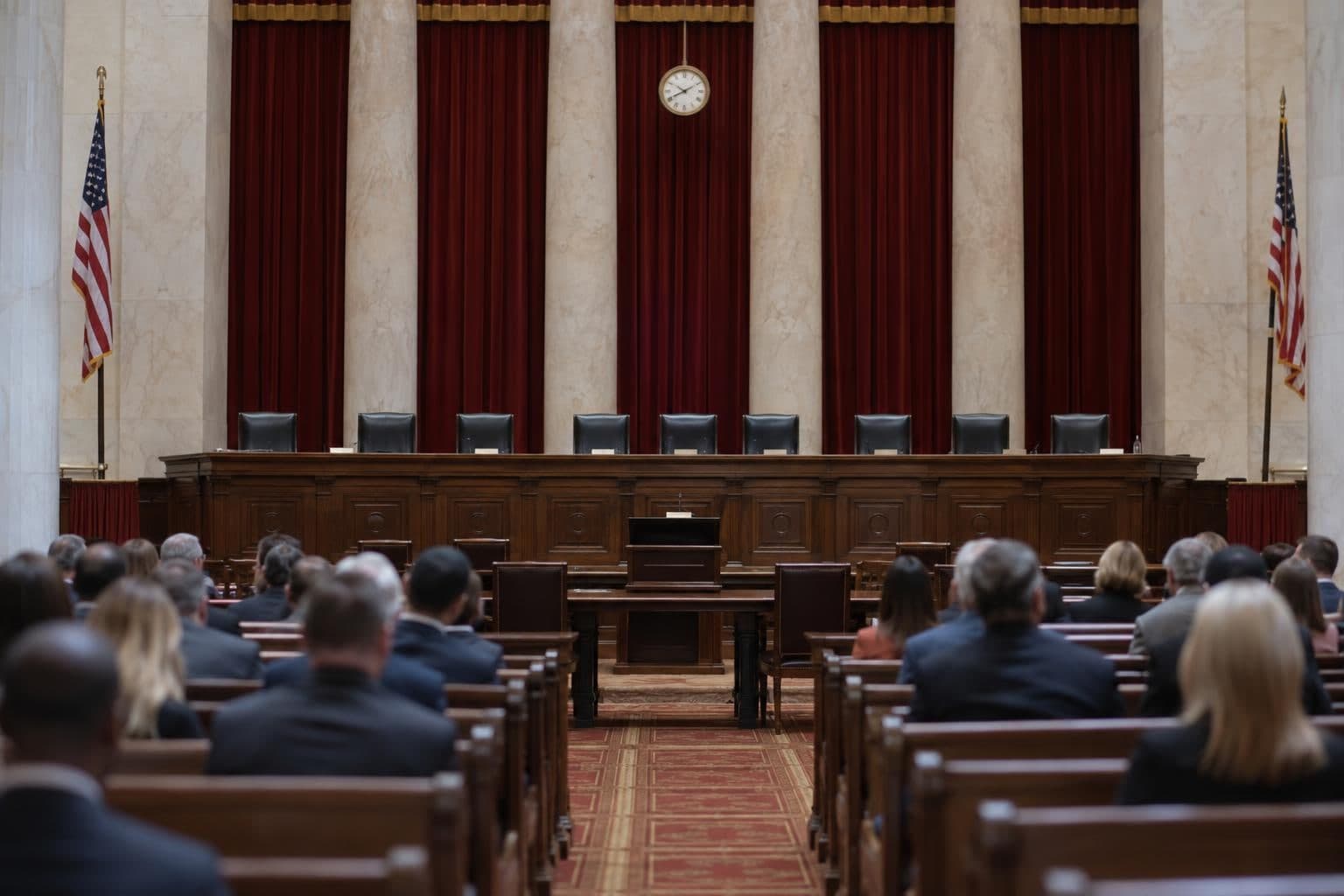 A high court chamber with a raised bench and rows of seating.