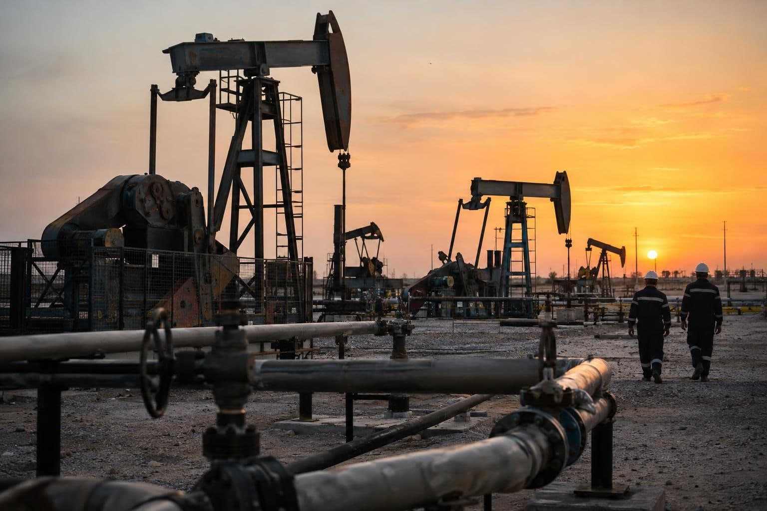 Oil pumpjacks at a production site illustrate unchanged oil production requirements.