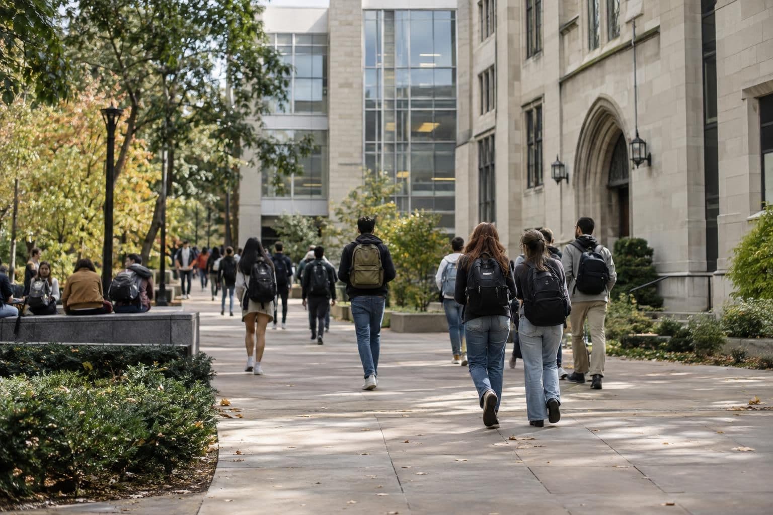 College students walk between buildings on a university campus.