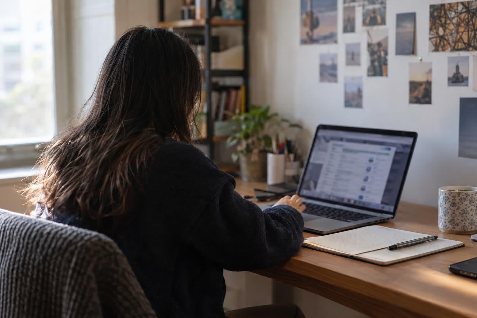 A young adult reviews online job listings on a laptop at a desk.