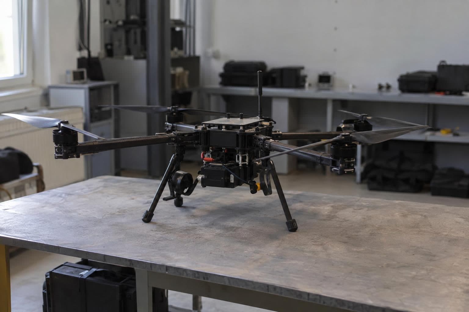 An interceptor drone rests on a plain work surface.