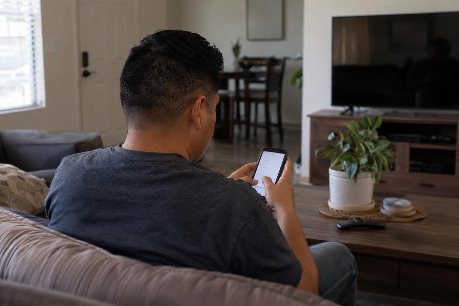 An anonymous voter looks at a smartphone while completing an online questionnaire.