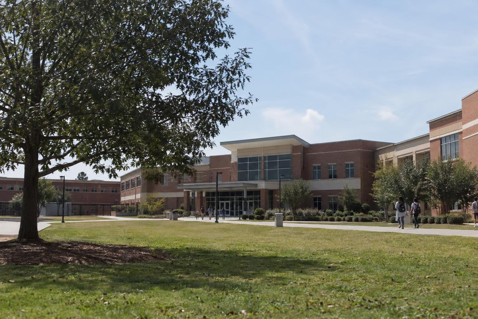 Exterior of a high school building and its grounds.