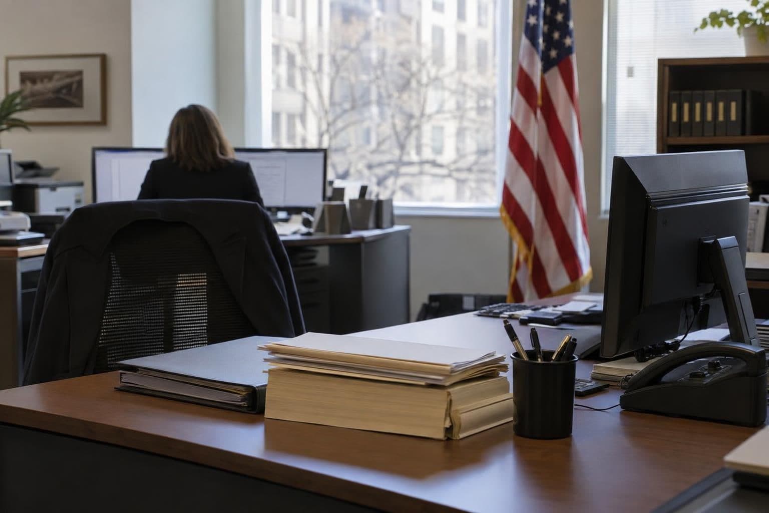 An empty government office workspace suggests the handling of sensitive taxpayer records.