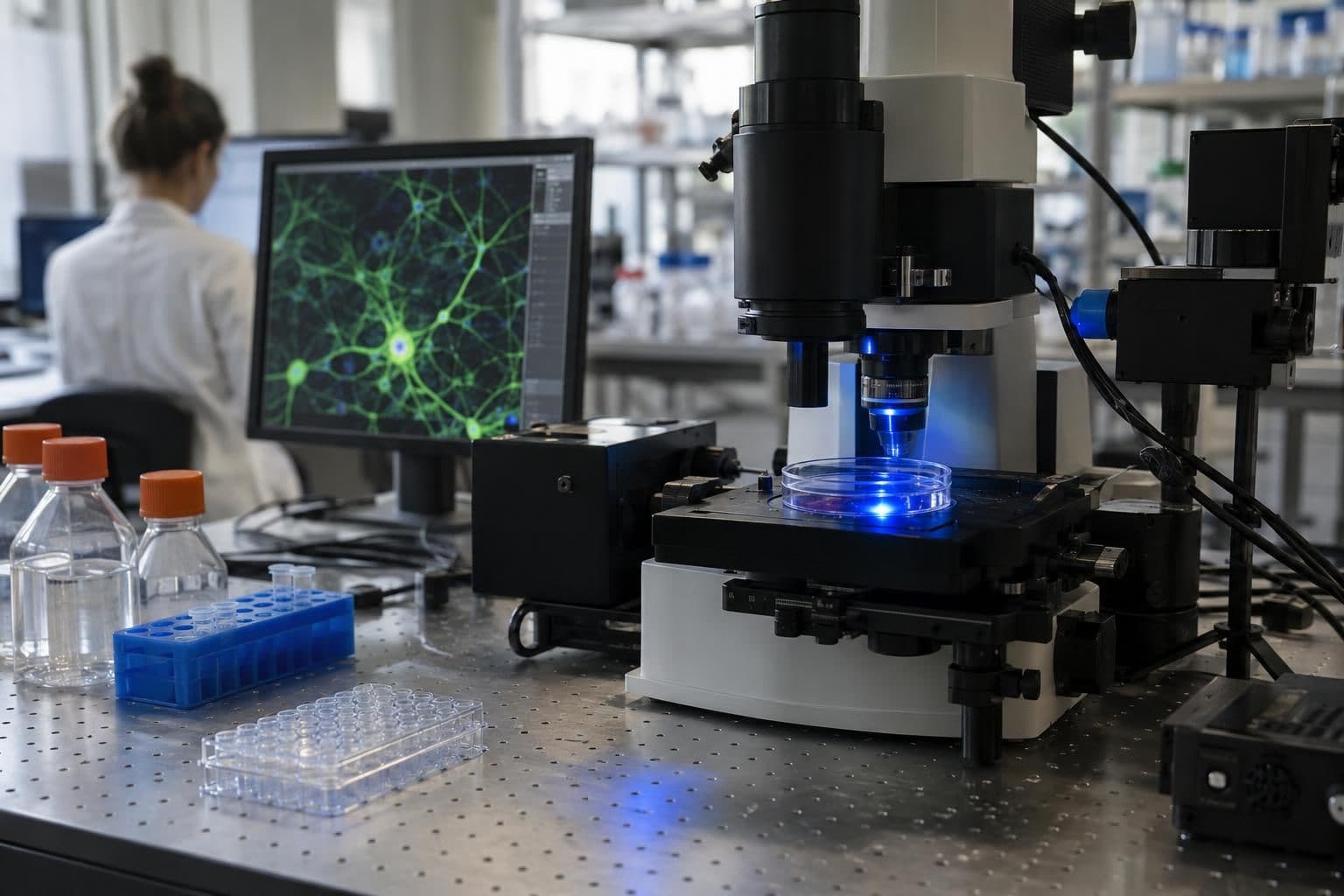 Blue light directed at a neural-cell sample in a neuroscience lab.