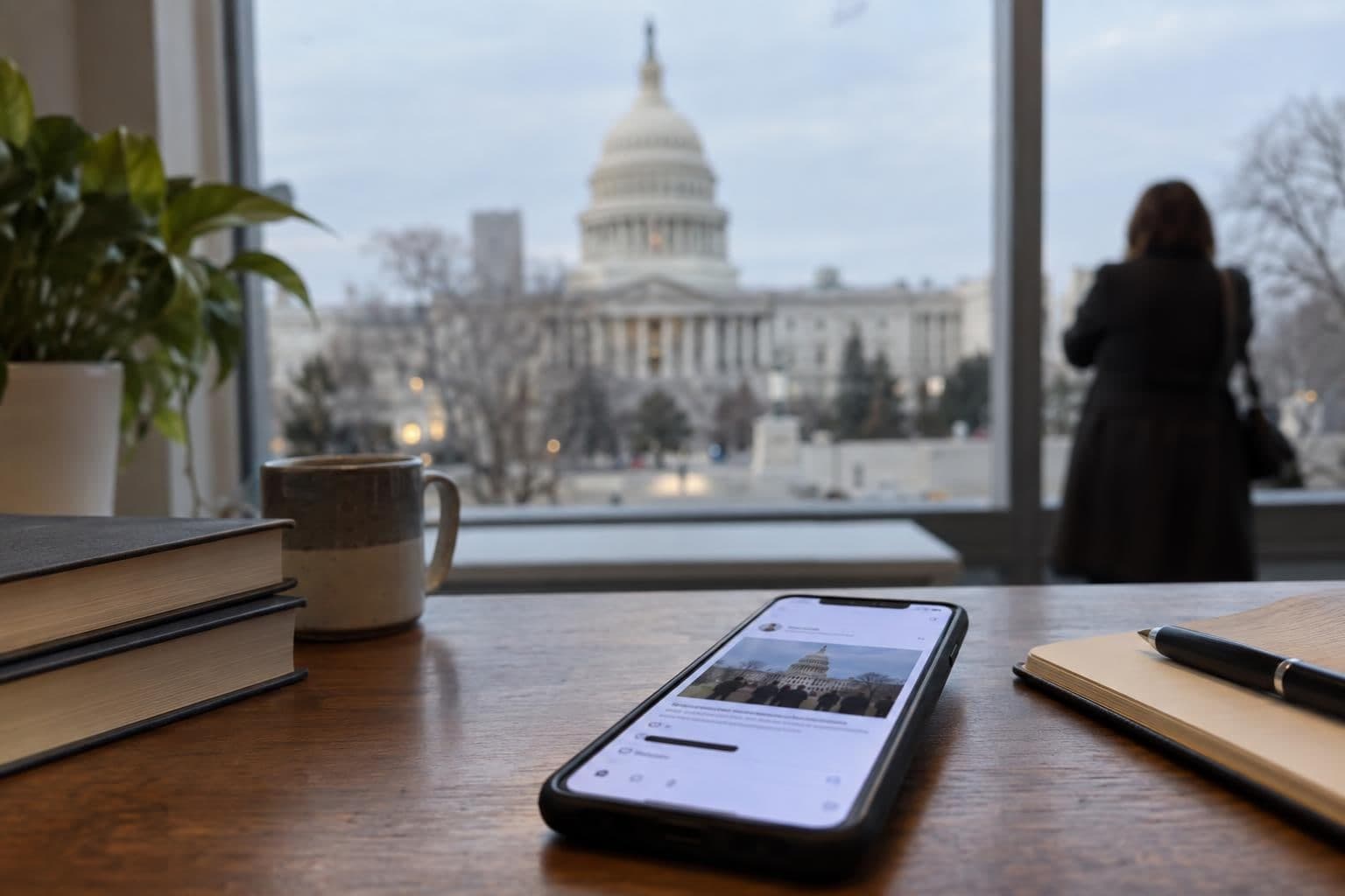 A smartphone with an unreadable political post in front of a blurred U.S. Capitol building.