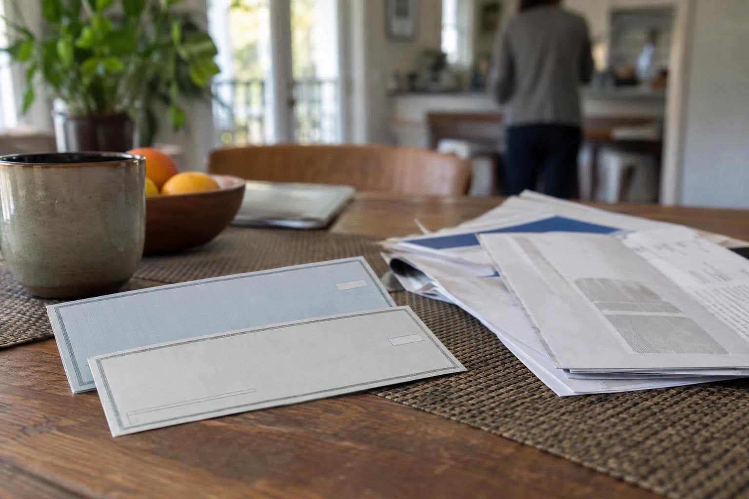 Two plain checks beside health-insurance paperwork