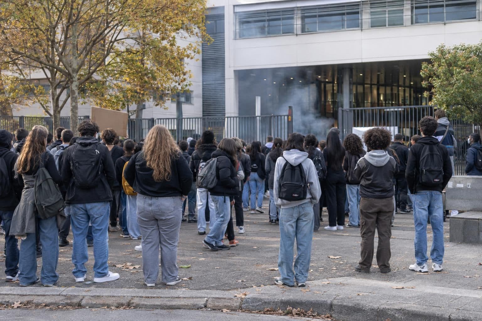 Students gather outside a school during a protest that disrupts classes.
