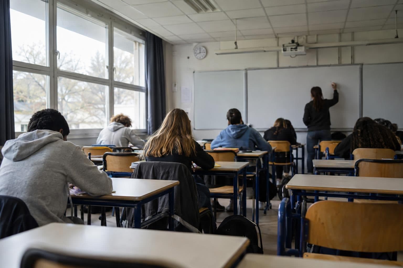 Closely spaced desks in a French secondary-school classroom.