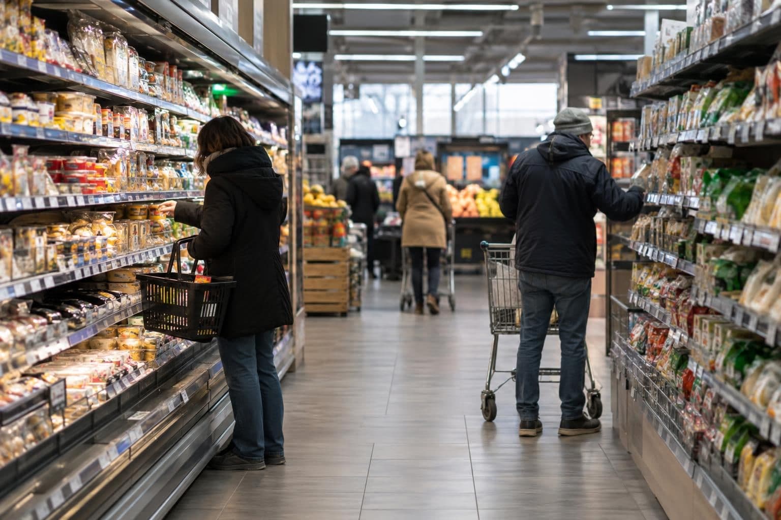 Shoppers compare food products on supermarket shelves.