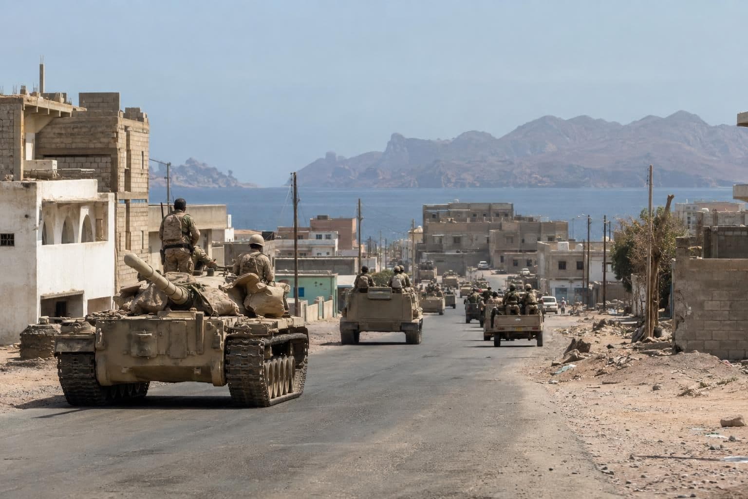 Tanks and government-aligned forces enter a town near the Bab el-Mandeb Strait.