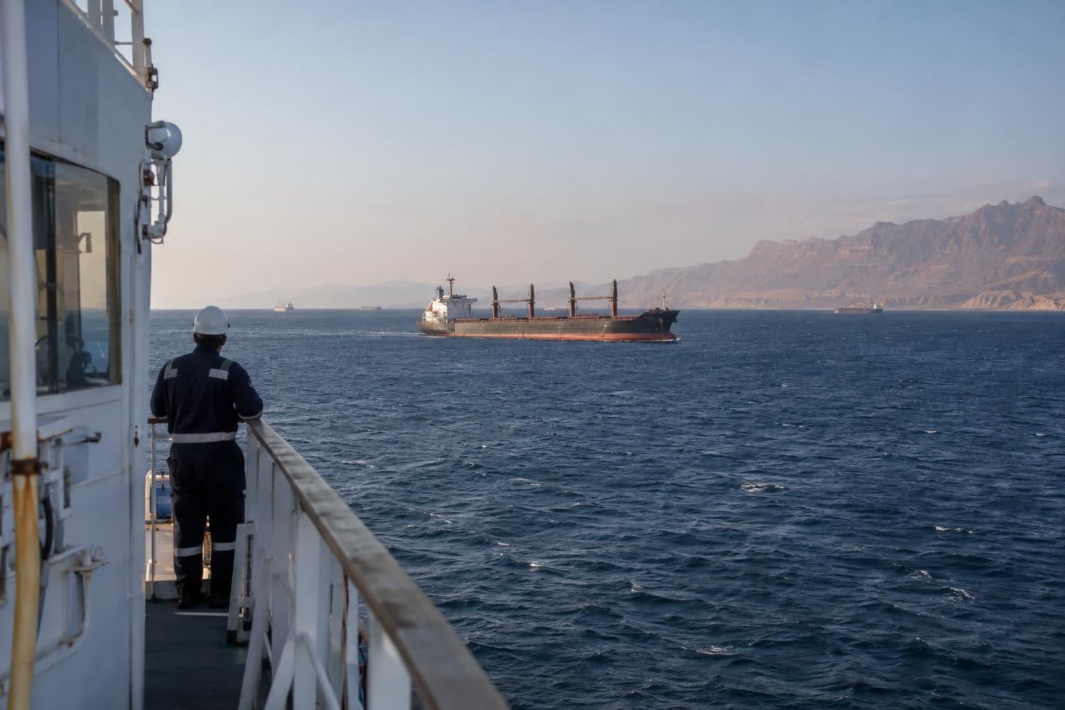 A cargo ship transits the Bab el-Mandeb between distant coastlines.