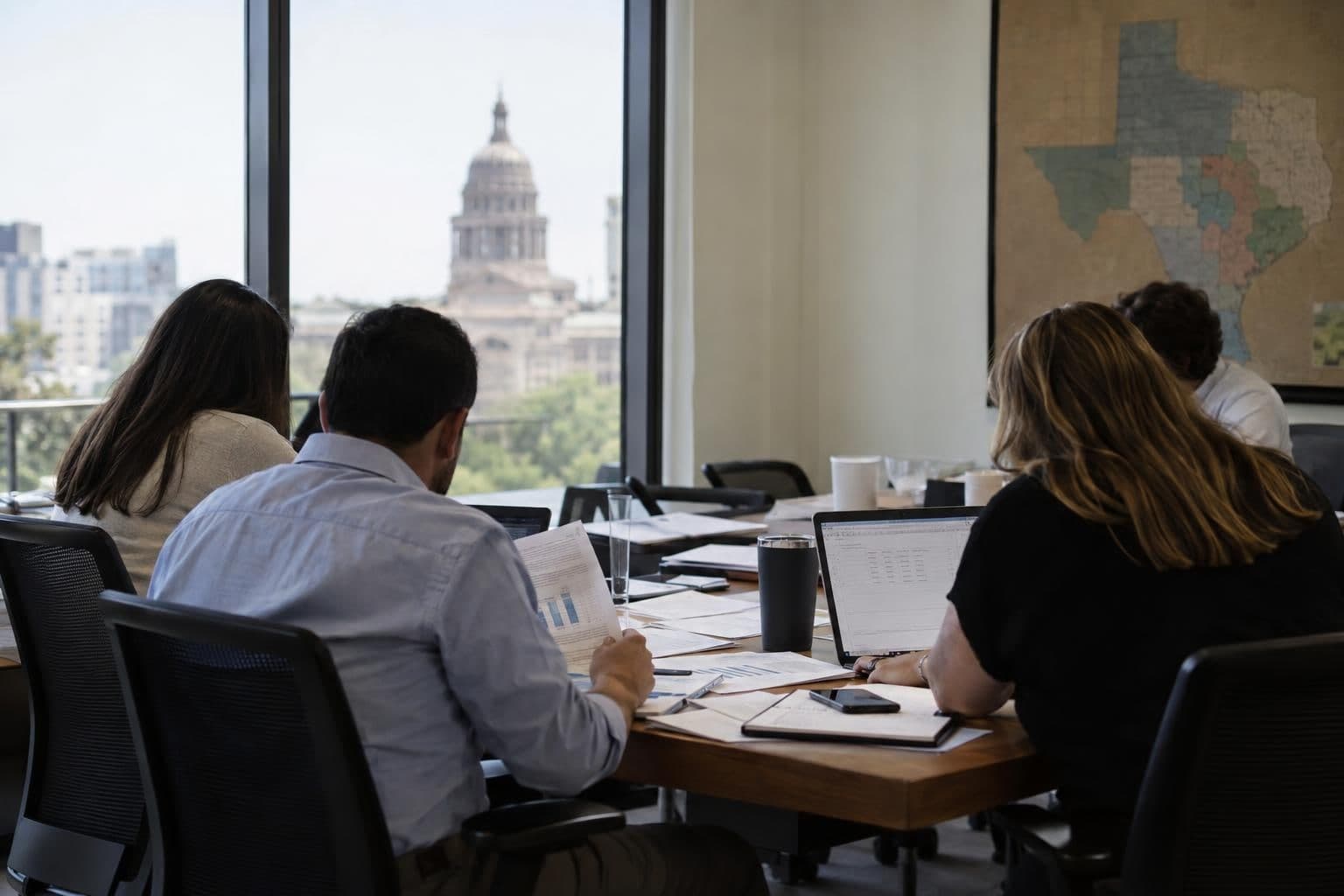 Anonymous campaign workers review papers beside a laptop at a meeting table.
