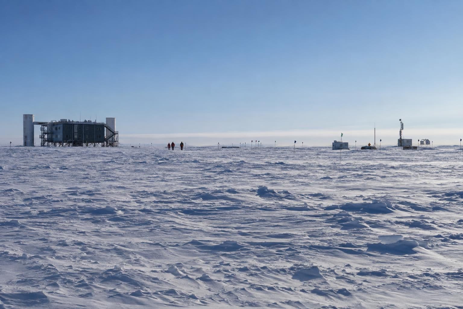 A broad Antarctic ice field above the buried neutrino detector.