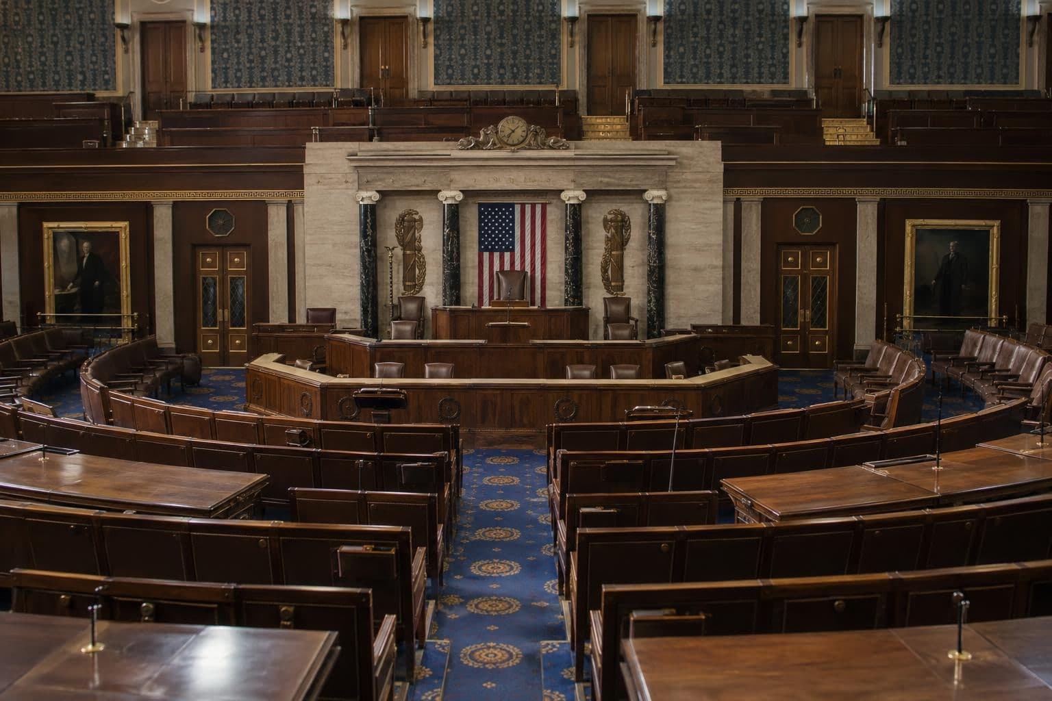 An empty U.S. House chamber with rows of desks facing the speaker's rostrum.