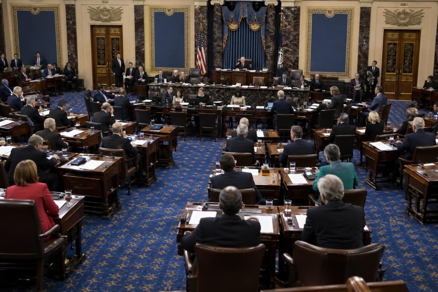 Senators sit at their desks in the chamber during a confirmation vote.