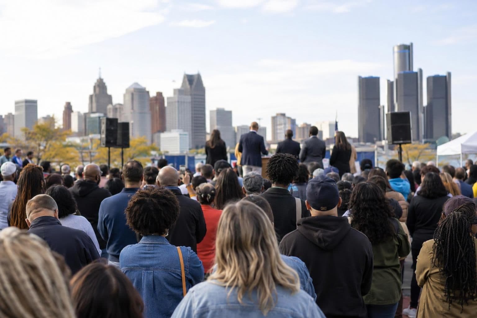 A crowd faces a speaking area at a campaign rally in Detroit.