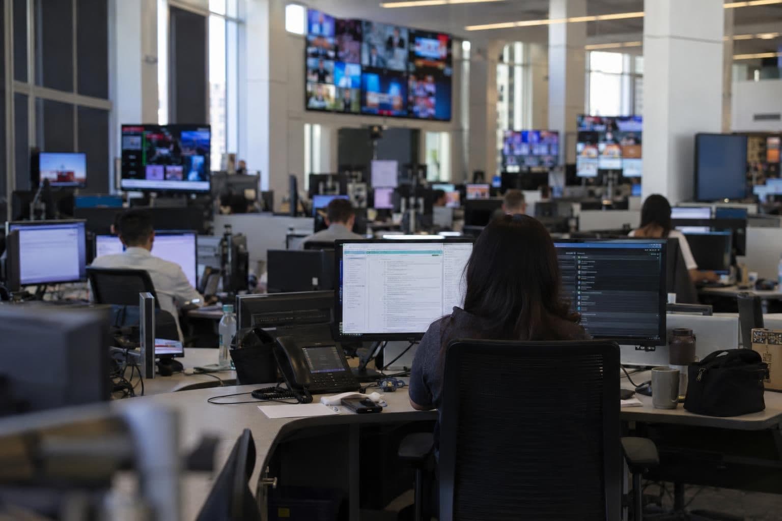 Anonymous staff work at desks inside a television newsroom.