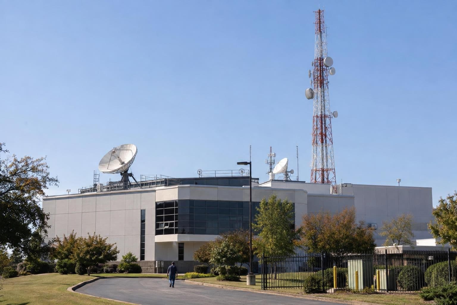 A television broadcast antenna rises beside an unmarked station building.