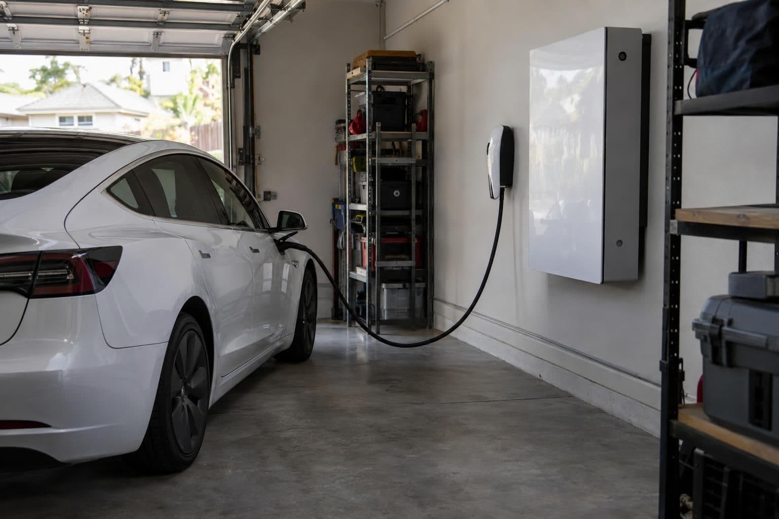 A Tesla Model 3 connected to a Wall Connector beside a Powerwall 3.