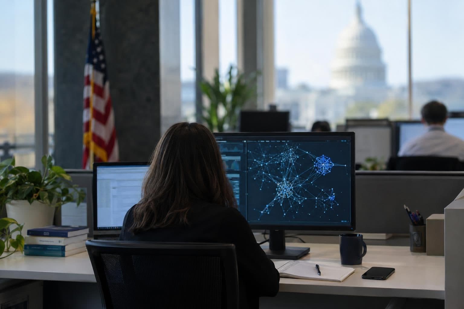 An anonymous government worker looks at an abstract AI graphic on a screen in an office.