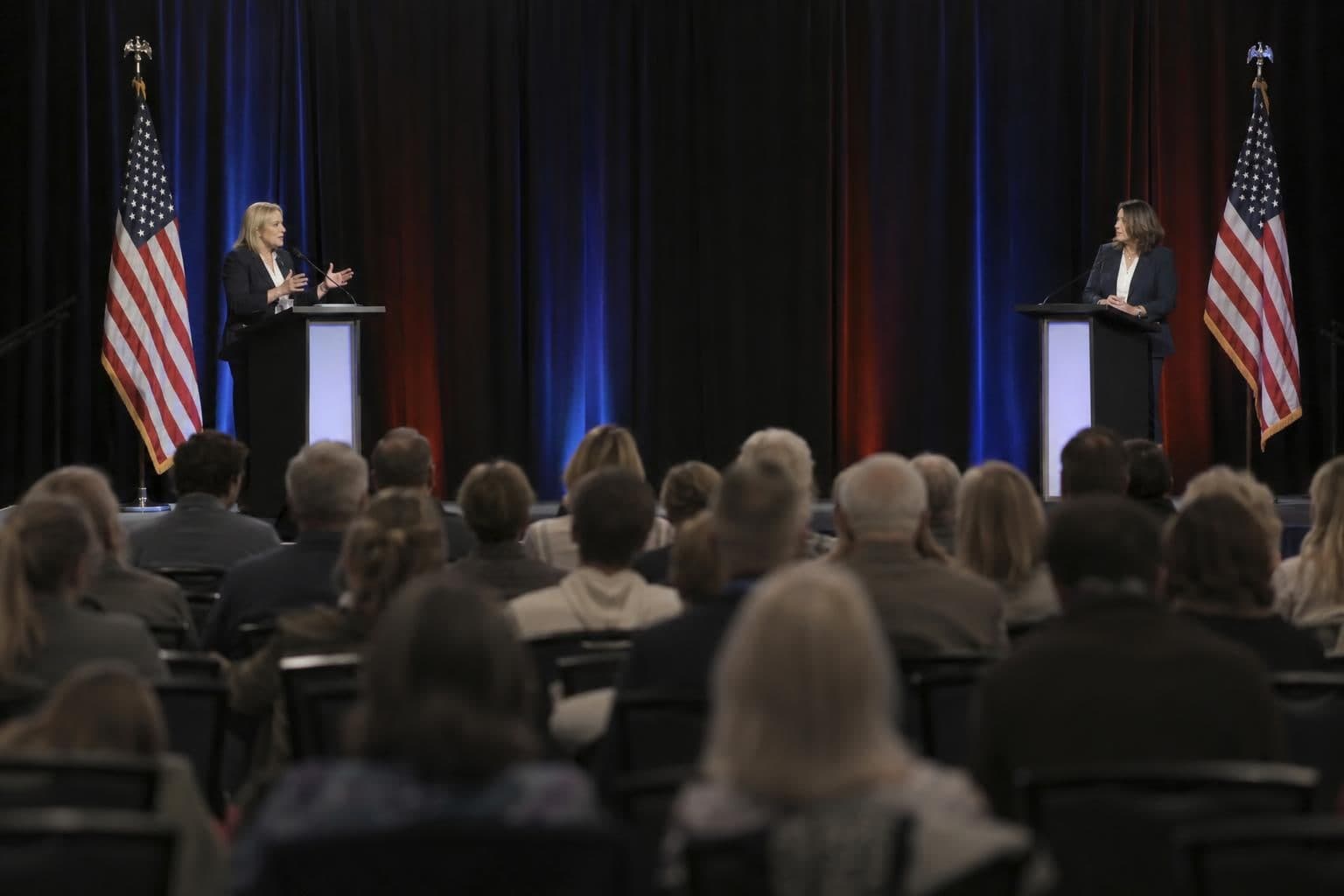 Two candidates speak during a Maine Senate campaign debate.