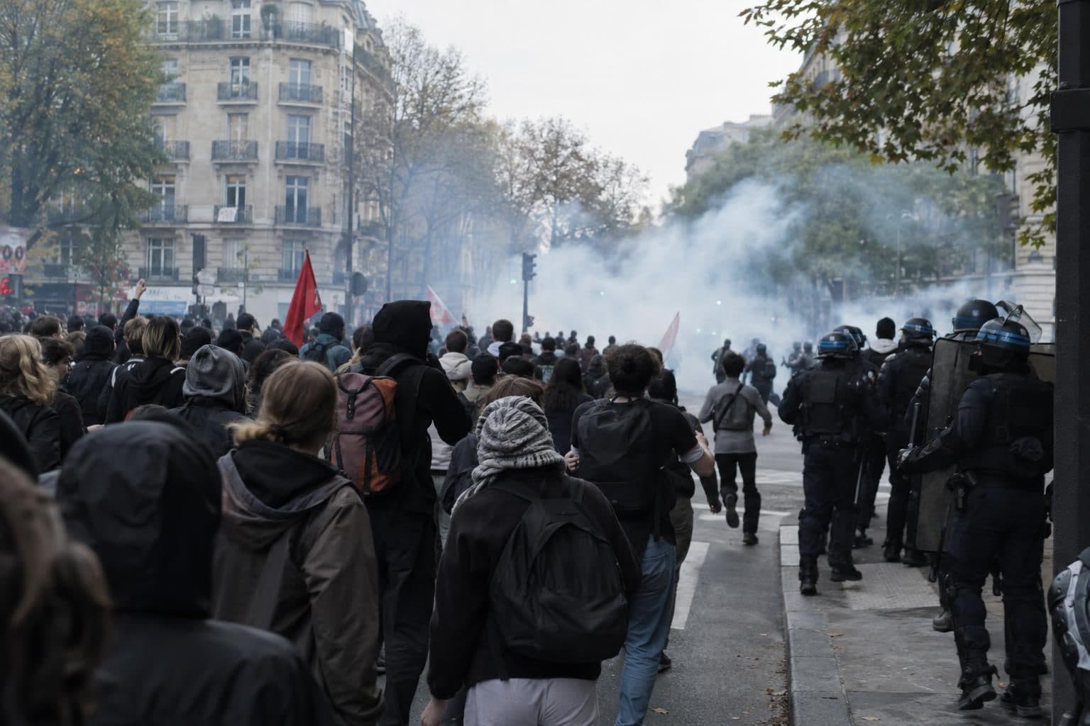 Students and adults demonstrate in Paris as police use tear gas during nationwide school protests.