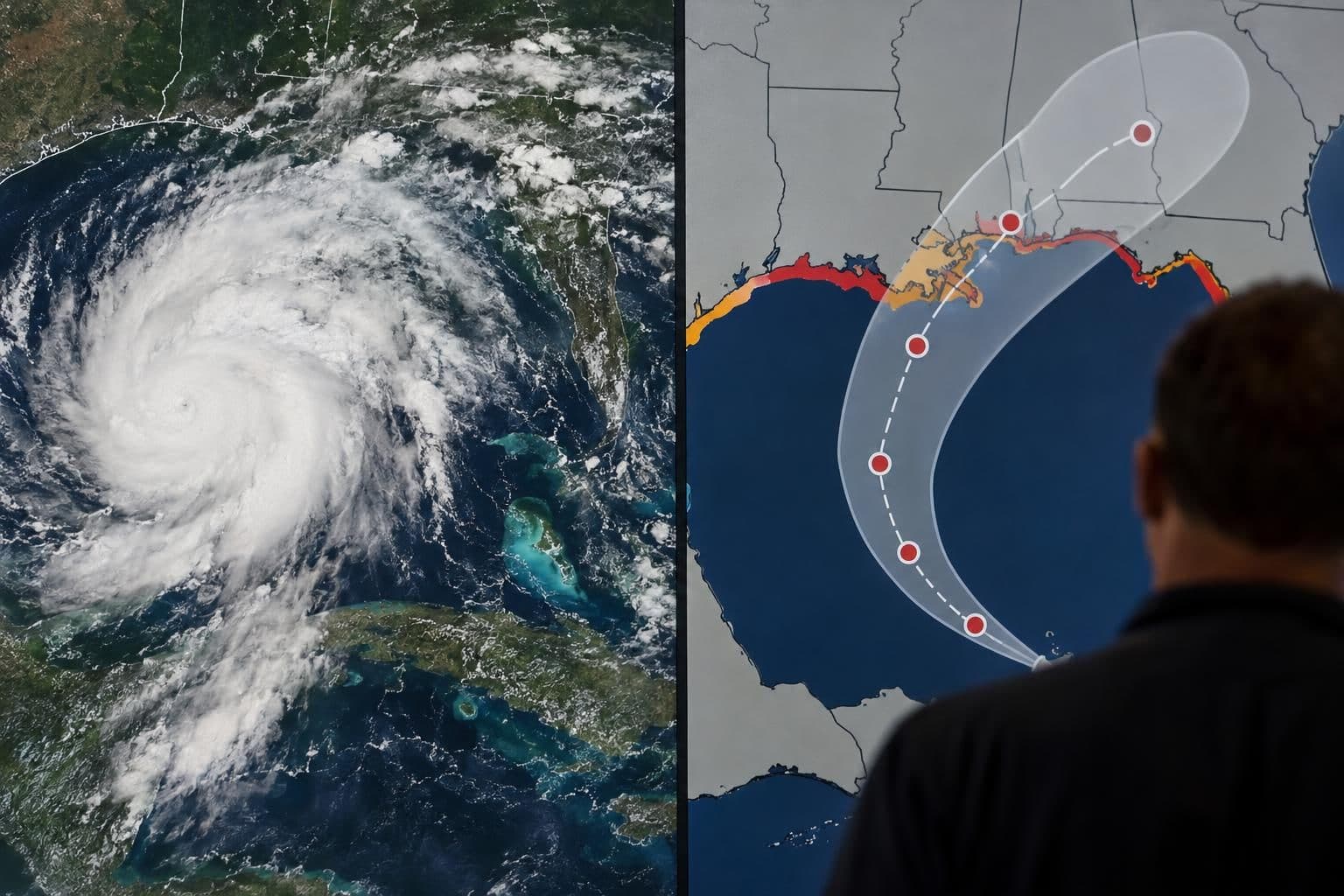 Satellite view of a tropical storm beside a forecast map of the northern Gulf Coast