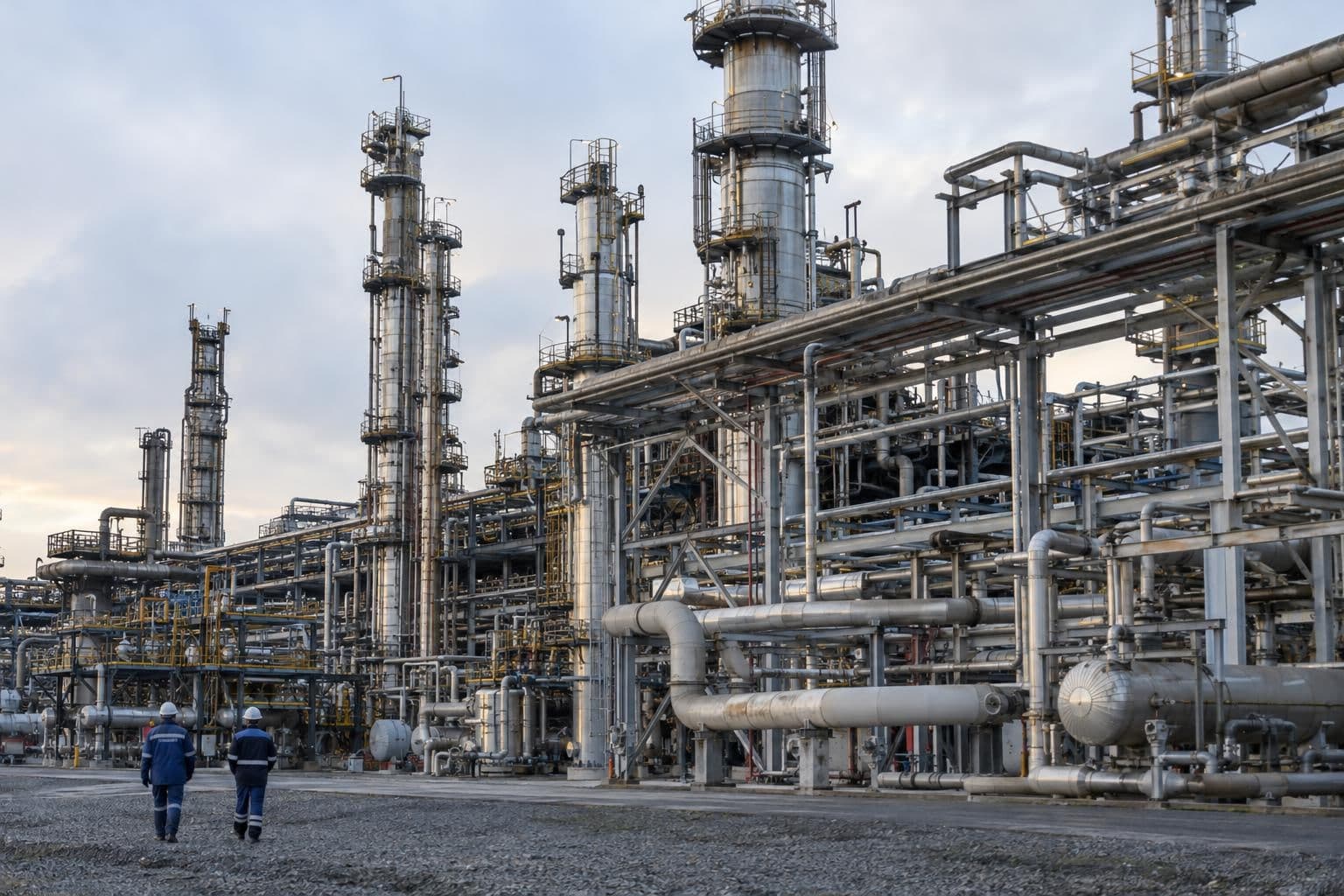 Steel processing units and pipework at an oil refinery.