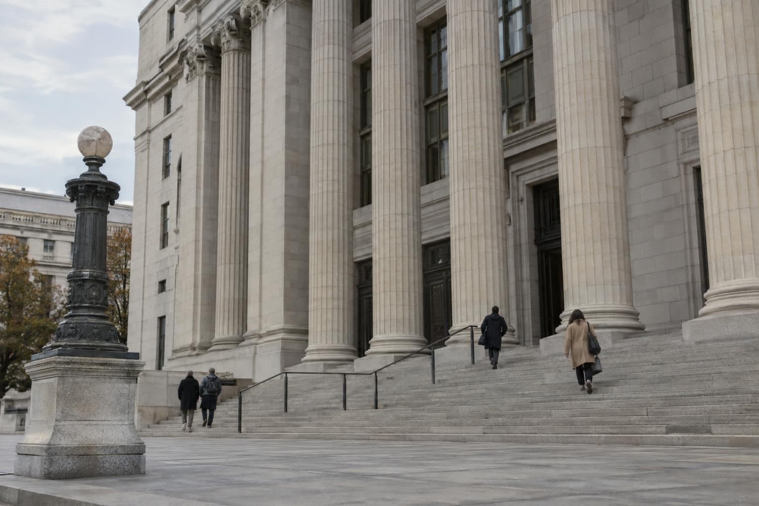 A federal courthouse entrance and steps with pedestrians passing nearby.