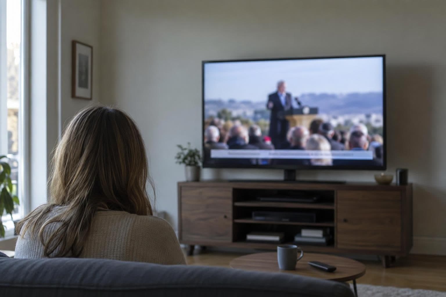A television showing an indistinct political advertisement with an unreadable payment notice.