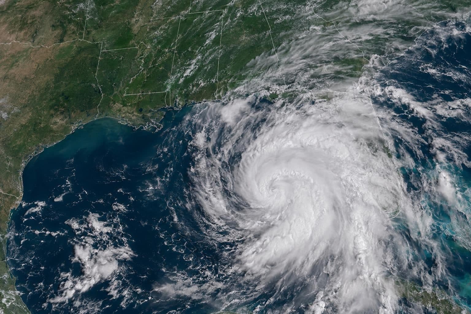 Satellite image of a tropical storm threatening the Gulf Coast before a scheduled college football game.