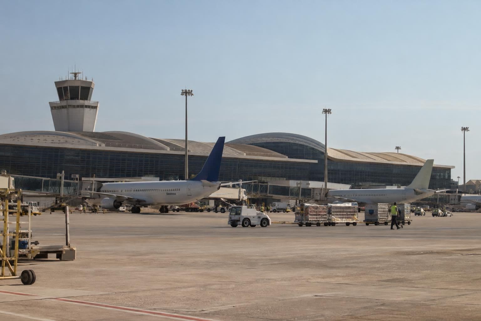 An airport terminal and airfield in Saudi Arabia, with no visible damage.